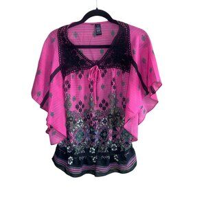 Bisou Bisou Vintage Pink Black Bohemian Butterfly Sleeve Blouse Size Large
